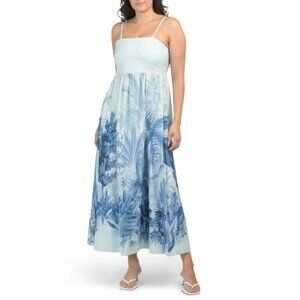 LA RAGAZZE Italy Linen Blend Sleeveless Palm Print Placed Maxi Dress